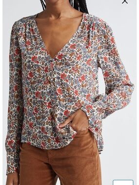 Veronica Beard Multi Floral V-Neck Long Sleeve Blouse